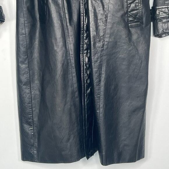 Vintage 90s Saxony Black Leather Oversized Belted Mid Trench Coat Jacket Women - Picture 3 of 16